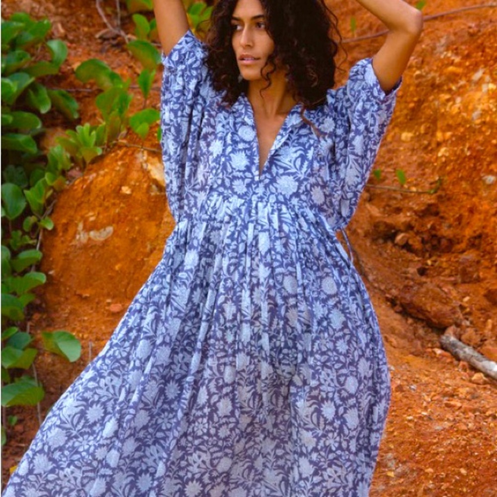 Daughters of India Kyra Dress Blue Iris L Hand Block Printed Sold Out
